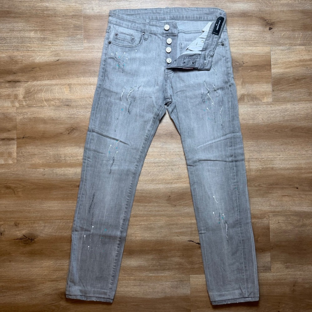Dsquared2 Slim Jeans Mens 46 Grey Distressed Paint Splatter Button Fly Denim